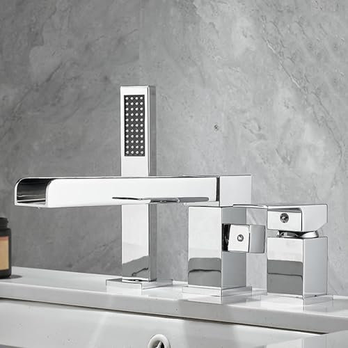 BiaoTeng Mitigeur Baignoire Cascade 3 Trous Monocommande Chaud et Froid en Laiton Bord de Baignoire Extractible Robinet Mitigeur Baignoire Trois Trous Chrome