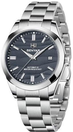 BENYAR Mechanische Herrenuhr Automatisches Uhrwerk 50M Wasserdicht Leuchtendes Datumsdisplay Einfach ablesbar Casual Business Edelstahl Herrenuhr（Schwarz）