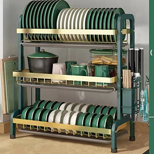 Escurridor de especias ajustable de 3 niveles y escurridor de platos, grande para organización de encimera de cocina, estante compacto para platos de cocina con escurridor verde, 56 x 23,5 x 61 cm