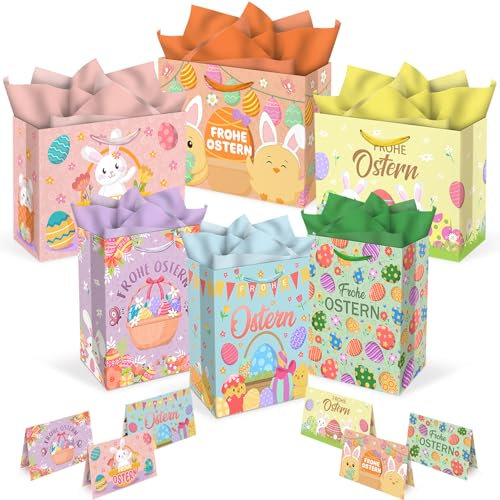 6-PACK Ostern-Geschenktaschen, 33 x 26 x 12.5CM, mit Karten und Tissue-Papier, Frühlingsferien-Papiertaschen für Osterfest-Bevorzugung, Geschenkverpackung