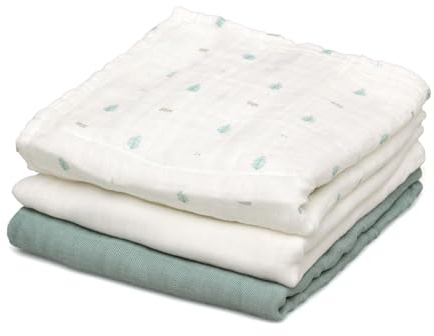 Kiokids | Set 3 Muselinas Salvia, Blanco y Estampado | Colección Petit Moments | 70% Bambú y 30% Algodón | Ultra Suaves | Antibacterianas y Termo Climáticas | Protector Rayos UV | +0 Meses | 70x70cm