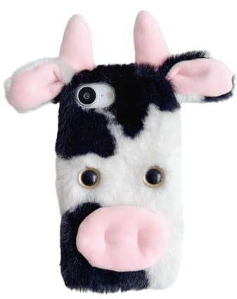 Sawiqpd for iPhone 16e Case, Cute Cow Soft Fluffy Furry Phone Case for Women Men Kids Faux Fur Warm Plush Shell Shockproof Silicone Bumper Protective Skin Cover for iPhone 16e 2025 6.1-inch, Black