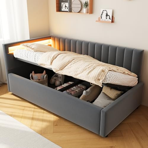 Polsterbett Schlafsofa 90x200, mit LED-Beleuchtung und hydraulischem Stauraum, klassisches vertikales Streifendesign, seitliche Kopfteile mit austauschbaren Positionen, Lattenrost, Samtstoff, Grau