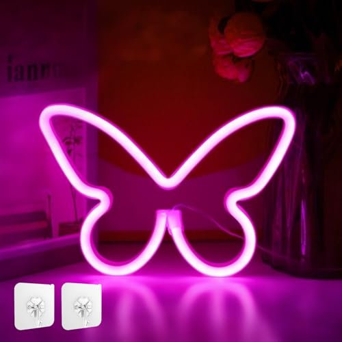 Zimmer Deko LED Neon Schild Schmetterling, 15cm Wohnzimmer Deko Neonlicht USB und Batteriebetrieben, Schlafzimmer Deko Aesthetic Lichterkette Innen, LED Neon Lampe mit 2 Klebehaken für Geschenk (A)