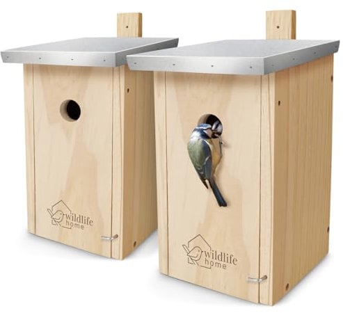 WILDLIFE HOME Nistkasten Meisen - 2er Set mit Metalldach für Blaumeisen & Co. I nach NABU aus verschraubtem Massiv-Holz I Wetterfest & Unbehandelt I Vogelhaus zum Aufhängen, 2 Stück