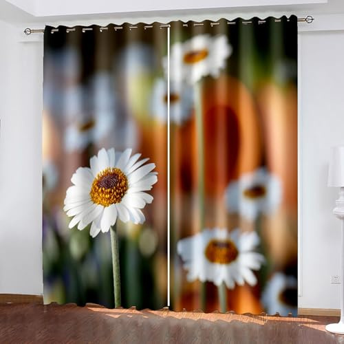 Lirzxin Vorhänge Verdunklung 214 cm Lang, Gardinen Blickdicht mit Ösen 2er Set Orange Grün Muster Gänseblümchen Vorhang für Jugendzimmer Wohnzimmer Schlafzimmer Kinderzimmer, 214x214 cm(BxH)