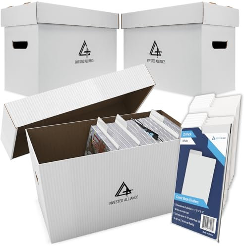 Bundle Set - Premium Short Comic Book Storage Box (3 Pack - Weiß) Dicker Karton Comic Book Box/Schrank Comics Bücher Mülleimer für 150-175 Sammlerstücke & weiße Comics Bücher Trennwände (25 Pack)