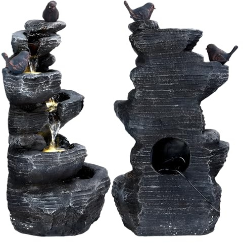 Fontaine à oiseaux en cascade à 5 niveaux, statue de jardin Feng Shui en résine avec 6 lumières LED, système de pompe UL intégré, décoration intérieure et extérieure à 5 niveaux