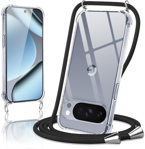 Oelrstfe Handyband Hülle mit Band für Google Pixel 10/Pixel 10 Pro, Necklace Handyhülle mit Kordel Schutzhülle für zum Umhängen, Transparent TPU Case Stoßfest Kratzfest Silikon Cover mit Kette,Schwarz