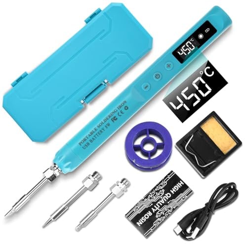 VOKTTA USB Wiederaufladbar Lötkolben mit LCD, Akku Lötkolben Set, keramischem Heizkern, Einstellbare Temperaturen 200-450℃, mit 3 Lötspitzen, Es wird für die Reparatur von Leiterplatten usw-Blau