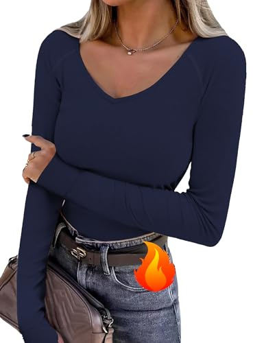 Wayleb Long Sleeve Tops Women V Neck Fleece Lined Thermal T Shirt | Soft Stretch Fabric, Thin Fleece Lining, V Neck Design, Thumb Hole Cuffs, Regular Fit, Everyday Layering, S to 3XL