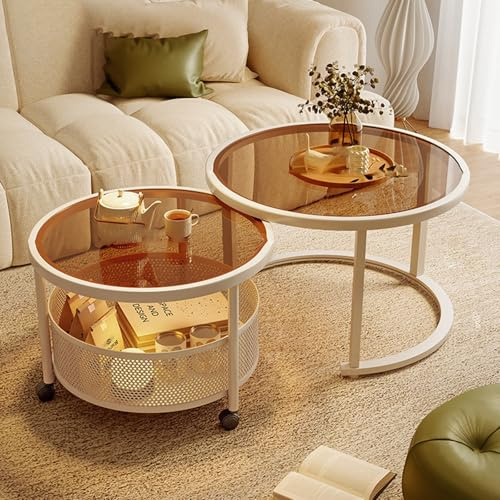 POWRZZZY Runder Couchtisch 2er-Set,Moderner Zentraler Couchtisch mit Beistelltisch,mit Rollen und Drahtkorb,mit Stauraum,für Wohnzimmer Heim Büro(Brown,60 * 45+45 * 40cm)