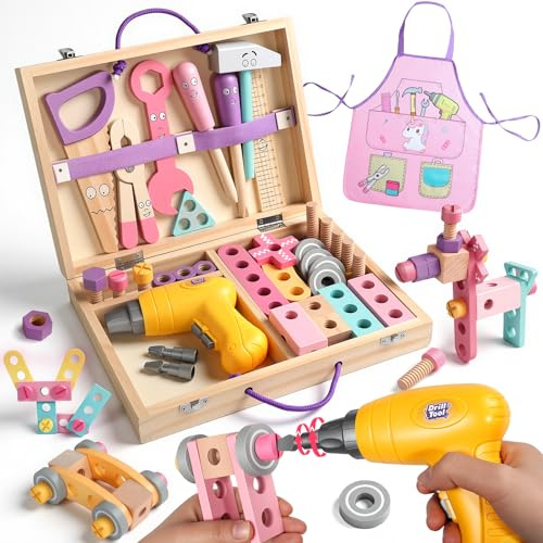 Holz Werkzeugkoffer Kinder, Montessori Spielzeug ab 3 Jahre | 44 Stück Holzspielzeug mit Akkuschrauber & Schürze für Role Play, Kinder Werkzeugkoffer Geschenk für Mädchen ab 3 4 Jahre