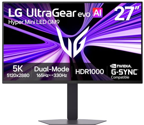 LG 27GM950B-B Ultragear Evo 5K (5.120x2880) IPS Mini LED Moniteur Gaming, 165Hz, 1ms, NVIDIA G-Sync, FreeSync Premium, DisplayHDR1000, HDMI, DP, USB-C, Support Inclinaison/Hauteur/Pivotant
