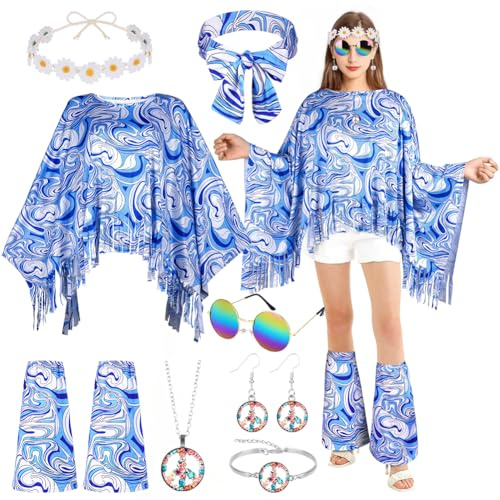 AOOWU Hippie Kostüm Damen Set, 60 er 70er Jahre Hippie Kleidung, Kostüm Hippie, Karneval Kostüm Damen Hippie, Disco Outfit Hippie Accessoires für Karneval Disco Party Cosplay Mottoparty Halloween