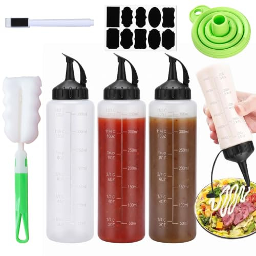 Kezidhp Squeeze Flasche, Quetschflasche 4er Set - 350ml mit Dosierspitze, auslaufsicher, inkl. Reinigungsbürste und Aufkleber, für Ketchup, Chili-Sauce, BBQ-Sauce, Salatdressing, Farbe, Olivenöl