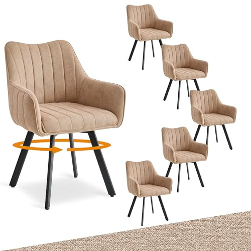 HJhomeheart 6er-Set Drehbare Esszimmerstühle, 360° Drehbare Polsterstühle, Leinen-Armlehnstühle, Metallbeine, Küchenstühle, Geeignet für Esszimmer, Küchen und Wohnzimmer, Khaki