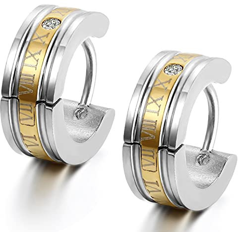 Flongo Boucles d'oreilles Homme Chic Chiffre Romain Acier Inoxydable Clous d'oreilles Fantaisie Bijoux Cadeau Couleur Doré pour Homme