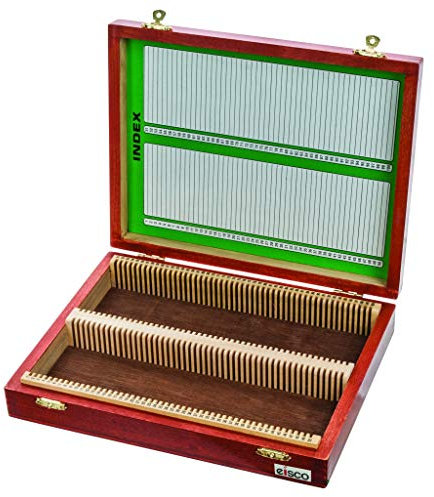 Eisco Labs Wooden Microscope Slide Box | Holds 100 Slides Measuring 25mm x 75mm | Index Content Sheet for Easy Identification | Biology Lab & Class Storage Device