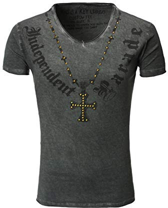 Key Largo Herren vintage Look T-Shirt Independent Kreuz Nieten Print v-neck tiefer V-Ausschnitt Slimfit, Grösse:S;Farbe:Dunkelgrau