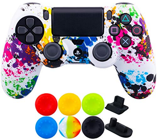 9CDeer 1 x Stück Schutzfolie Transferdruck Silikon Hülle + 6 Thumb Grips & Staubdichte Stecker für PS4/Slim/Pro-Controller Graffiti
