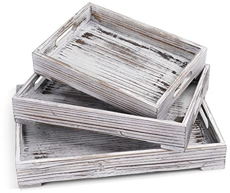 Flexzion Rustic Wooden Serving Tray with Handle - 3-Piece Set of Wooden Trays for Ottomans, Torched Whitewash Nesting Trays for Eating, Decoration, Coffee, Stackable Rectangular Breakfast Trays