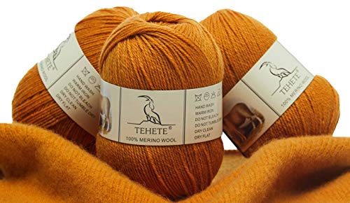 TEHETE 100% Merinowolle Garn zum Stricken, 50g x 3 Bälle Häkelgarn Schurwolle, 250 Metern 3-fädig,weich und seidig,Ingwer gelb