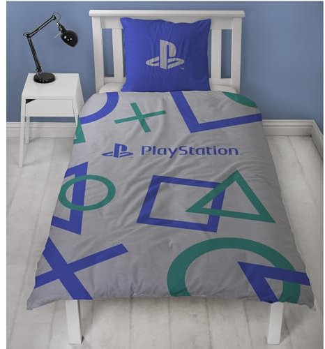 Familando Wende Bettwäsche-Set Playstation Motiv | 135x200 cm + 80x80 cm | 100% Baumwolle | Motiv Controller Console Retro | Jungen-Bettwäsche grau-blau