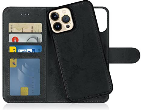 MyGadget Flip Case für iPhone 13 Pro Max - [ abnehmbare Magnet Hülle ] - Handyhülle aus Kunstleder - [ Klapphülle mit Kartenfach ] Schutzhülle in Grau Schwarz