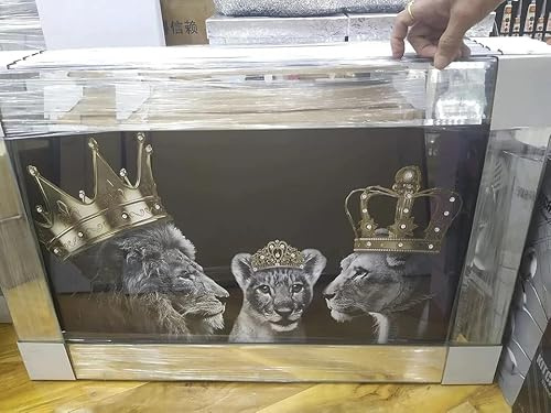 Biznest LARGE LION FAMILY KING AND QUEEN WITH CUB CROWNS LIQUID ART WALL MIRRORED LOOK 85x45cm