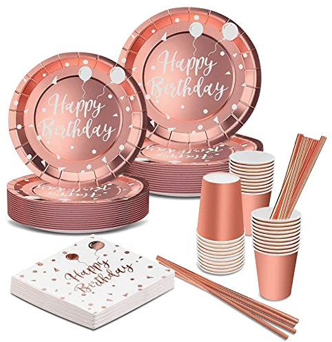 Yidaxing 120pcs Vaisselle Jetable Anniversaire, Assiettes Jetables Rose Gold, Vaisselles Anniversaires Fille, Gobelets Pailles en Papier et Serviettes pour Mariages Fête Baby Shower, 24 Invités