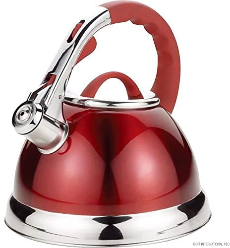 3.5 Litre Whistling Kettle - Modern Stainless Steel Retro Design Tea Kettle for Induction Safe Stove Top | Tea and Water Boiler - Travel Kettle Perfect for Camping, Trips & Home (Red)
