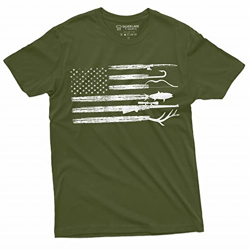 Men's Hunting Fishing Shirt USA Flag Nature Camo Shirt Father Gift Ideas Patriotic Tee (XX-Large Military Green)