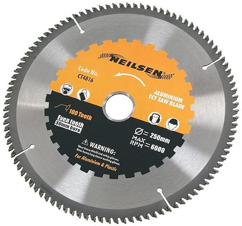 Neilsen CT4816 250mm TCT Circular Saw Blade - 100 Teeth | 30mm Bore | 6000rpm Max Speed | Ideal for Aluminium, Brass, Copper and Plastic Cutting Applications