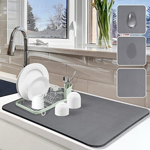 Dish Drying Mat for Kitchen Counter, 16x24 Dish Drying Pad with Non-Slip Rubber Backed, Hide Stain Anti Absorbent for Kitchen Counter, Drying Mat for Coffee Machine Dish Rack (Grey)