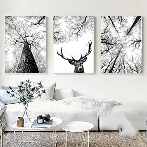 Trayosin 3er Set Premium Design-Poster Set, Schwarz Weiß Wälder Landschaften Wandkunstbild, Nordische Hirsche Bäume Wandbild Print Bilder Kunstposter für Wohnzimmer Deko, Ohne Rahmen (50x70cm)