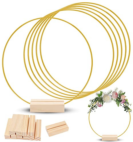 Piashow Metallringe zum Basteln, 6 Stück Dekoring mit Fuß, 30cm Gold Metallring mit 6 Stück Holzständern, Metall Deko Ringe mit Ständer für DIY Blumen Basteln Handwerk, Hochzeitstischdekoration