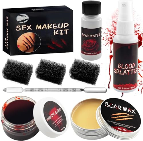 Halloween Schminke Set 8 Stück, Kratzer auf Zombie Vampir | Halloween Makeup Kit mit Kunstblut, Scar Narben Wachs, Spatel Werkzeug, Fake Wunden Wasser