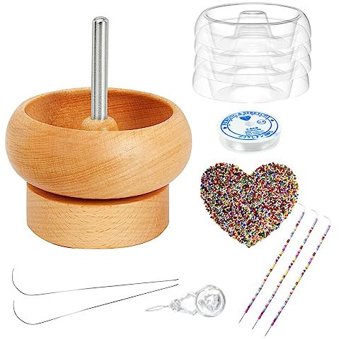 Bead Spinner Schale Set | Holzperle Spinner | Perlenspinner Werkzeug | Spin Bead-Loader mit Nadel | Langlebiger Perlensets mit Garnspulenwickler DIY-Armband, zum Basteln, Auffädeln von Perlen