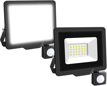 Willpower 2pcs LED Floodlight 20W 2000lm LED Security Lights Outdoor with Motion Sensor IP66 Waterproof PIR Lights White 6000K Wall Light for Garden Garage Court Patio Lawn