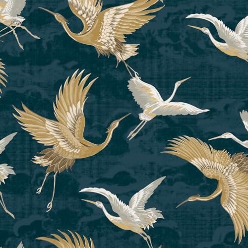 Sublime Kranes Floral Petrol Blue Wallpaper - Paste The Wall - Navy & Gold Wallpaper - Contemporary Patterned Cranes Textured Vinyl Design - Perfect for Most Rooms - Feature or 4 Wall Design