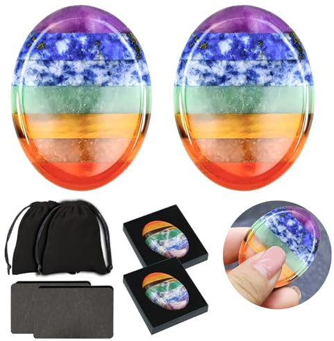 2 Stück Chakra Kristalle Daumen Steine, Kristall Sorgen Stein Heilsteine Edelsteine Glücksbringer Oval Palm, 7 Chakra Worry Stone, Palmenstein für Meditation Reiki-Ausgleich mit Box, Karte