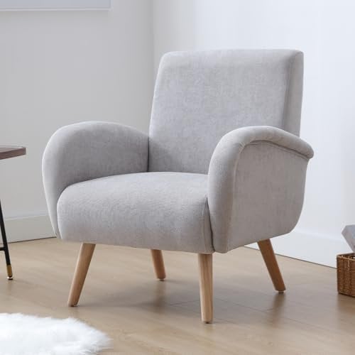 chairus Chenille Loungesessel Ohrensessel für Wohnzimmer Polstersessel Einzelsofa für Schlafzimmer Akzentstuhl Relaxsessel mit Holzbeinen (Grau)