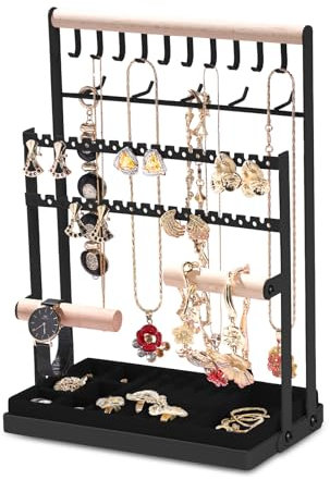 Portagioie, Espositore per Gioielli, Porta Collane e Orecchini, con Vassoio in Velluto, Portacollana & Porta Orecchini, per Gioielli Per Orecchini per Collane, Anelli, Bracciali, Orologi, Nero