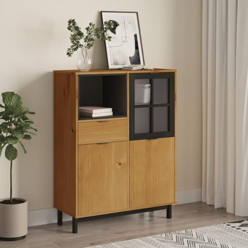Hommdiy Highboard mit Glastür FLAM 92x40x122,5 cm Massivholz Kiefer