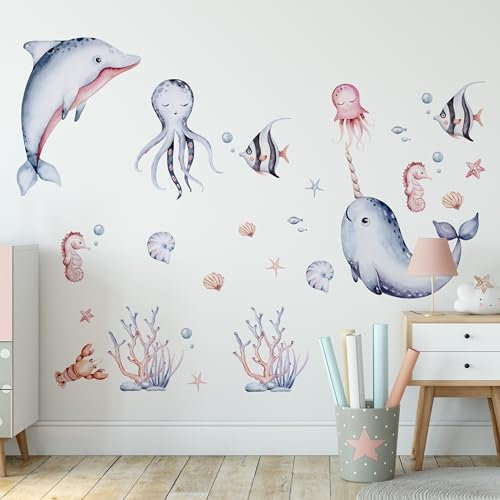Muralo Sticker Set für Mädchen und Jungen - Aquarell Aufkleber Wandsticker Tattoo für Kinderzimmer - Wandaufkleber Unterwasserwelt Motiv - Br.120cm x Hö.60cm