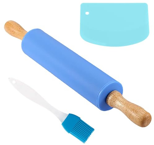 Mattarello Silicone con Manici in Legno,Mattarello In Silicone,Mattarello Cucina Piccolo,Mattarello Per Bambini,Mattarello Cucina Antiaderente,Con pennello e raschietto,Per pasta,Biscotti,Dolci,Pizza