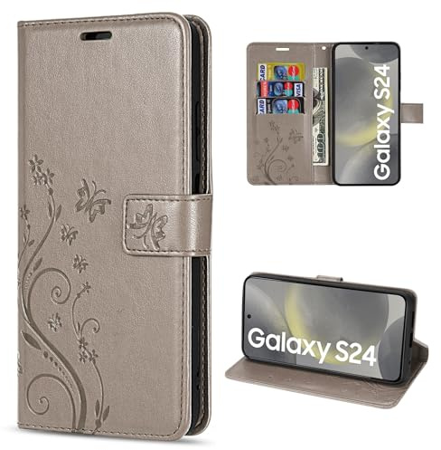 Hülle Kompatibel mit Samsung Galaxy S24 | Premium PU Leder Handyhülle Wallet Case für Galaxy S24 | Schutzhülle Blumen Klapphülle Handyhülle | Grau