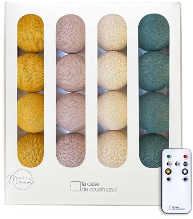 La Case de Cousin Paul Guirlande Lumineuse Chambre Enfant Boules Tissées LED, Télécommande, Programmable, USB, Fabriquée à la Main, Artisanale - 16 Boules (Giverny)