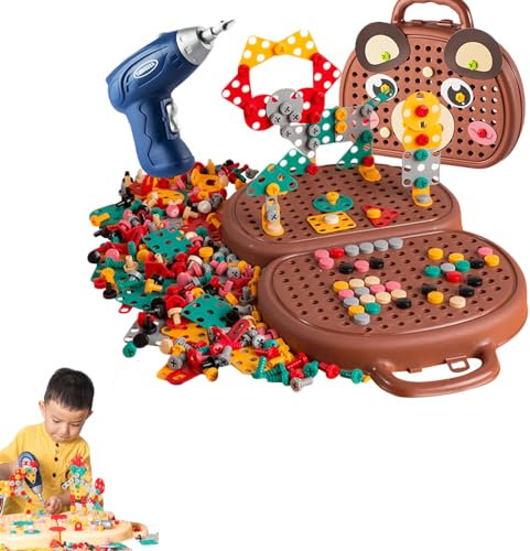 Jianyusheng Creative Tool Box - Magic Montessori Play Tool Box,2024 New Creative Mosaic Puzzle Toy with Electric Drill Screw Tool Set,Electric Power Drill Educational Stem Toys for 3+ Year Old (A)